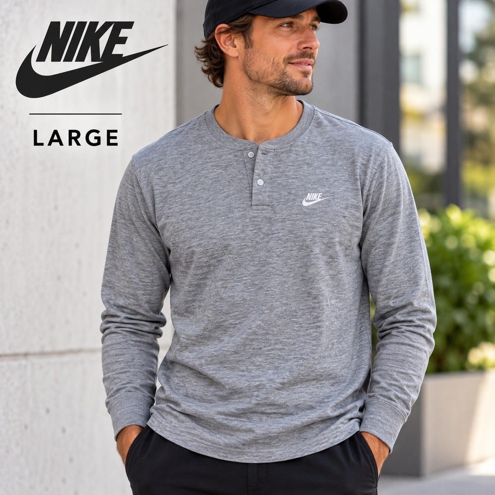 Nike Mens Club Henley Shirt Large Grey Long Sleeve Snap Buttons Cotton Logo